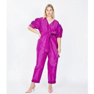NWT Tanya Taylor Becca Puff Sleeve Belted Jumpsuit in Bougainvilea Purple Sz 12